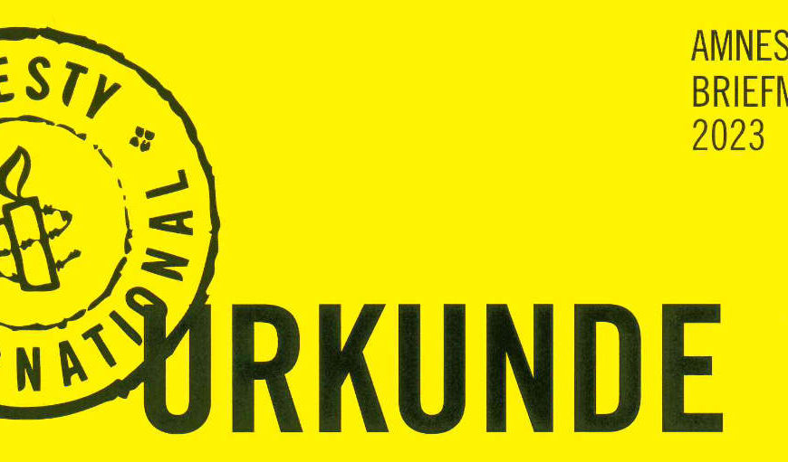 Urkunde von Amnesty International für die Teilnahme am Briefmarathon