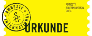 Urkunde von Amnesty International für die Teilnahme am Briefmarathon 2024